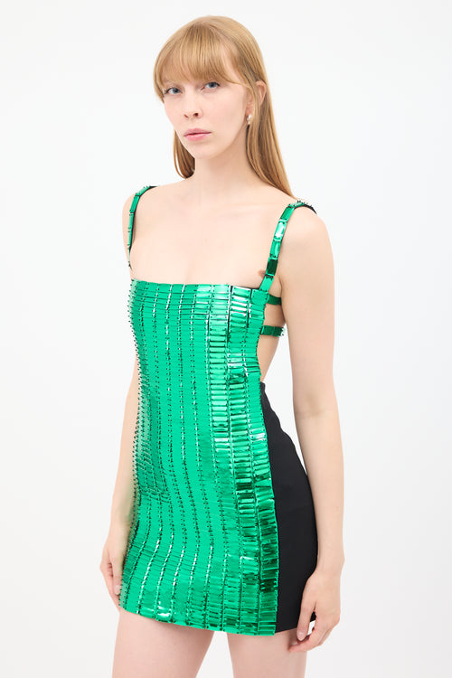 The Attico Green & Black Rectangular Sequin Rue Mini Dress