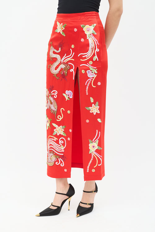 Attico Red & Multi Satin Embellished Midi Skirt