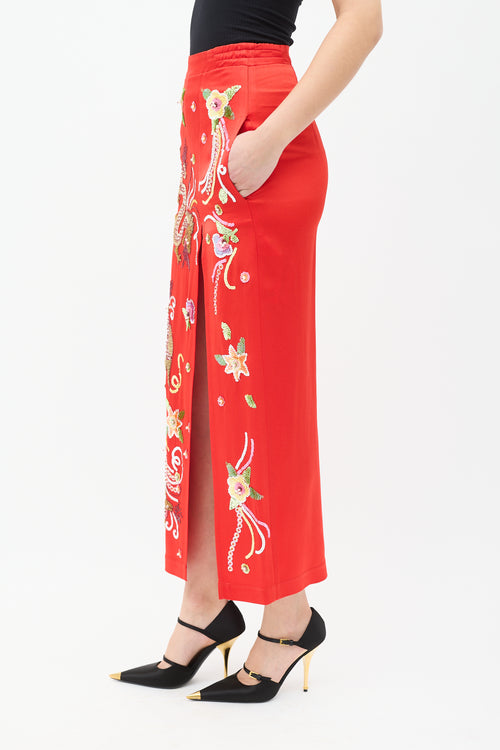 Attico Red & Multi Satin Embellished Midi Skirt