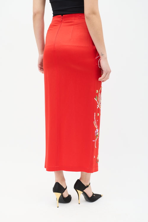 Attico Red & Multi Satin Embellished Midi Skirt