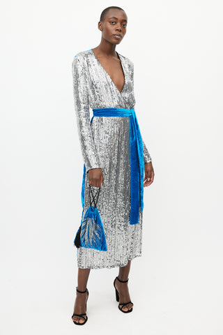The Attico Silver & Blue Sequin Velvet Wrap Dress