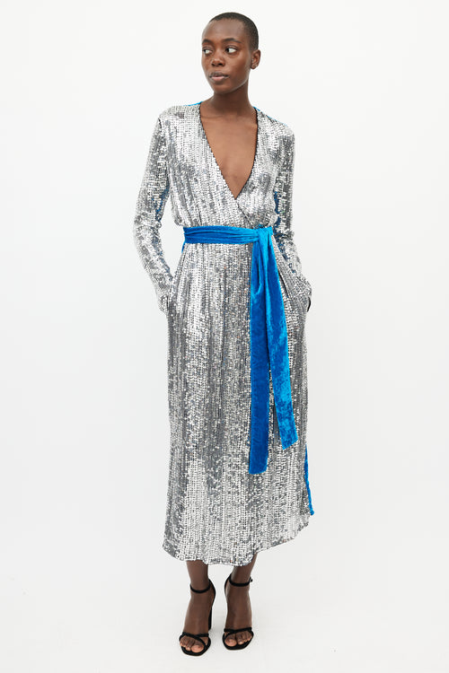 The Attico Silver & Blue Sequin Velvet Wrap Dress