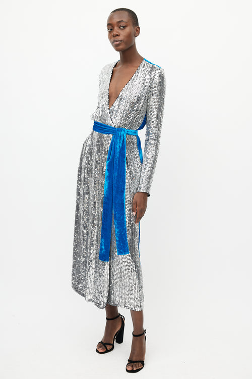 The Attico Silver & Blue Sequin Velvet Wrap Dress