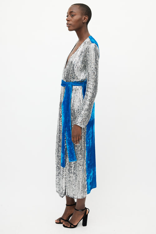 The Attico Silver & Blue Sequin Velvet Wrap Dress