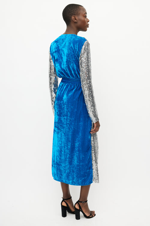 The Attico Silver & Blue Sequin Velvet Wrap Dress