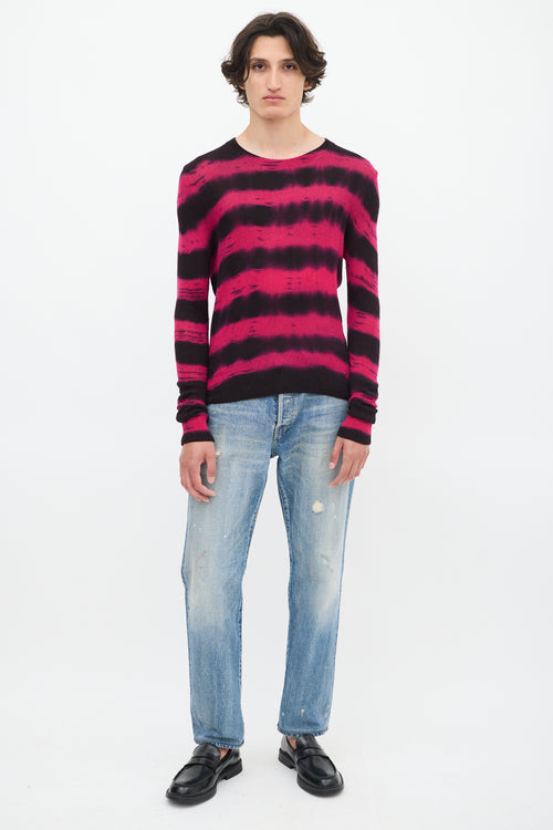 The Elder Statesman Fuchsia & Black Cashmere Dye Striped Sweater