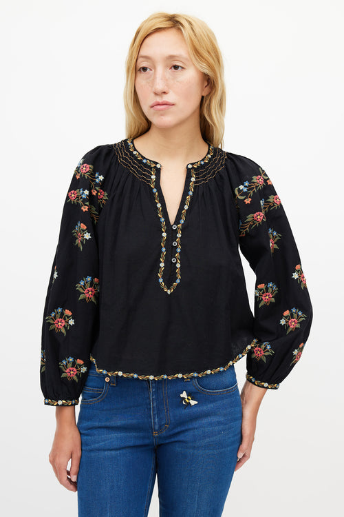 The Great Black Cotton Floral Embroidered Blouse