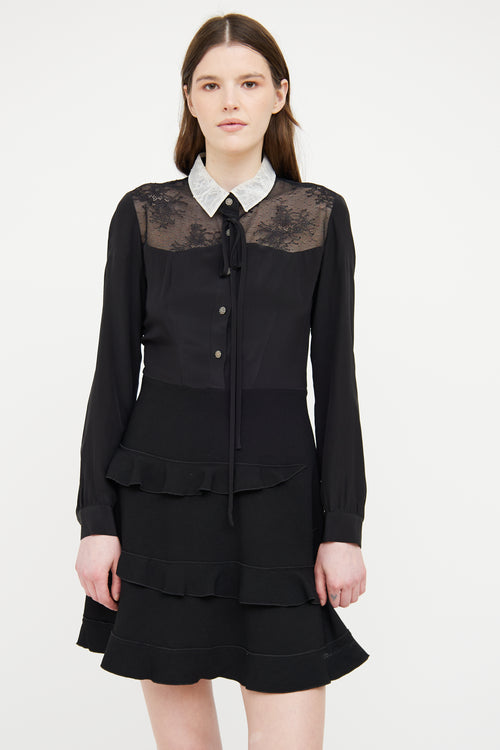 The Kooples Black & White Lace Ruffle Silk Long Sleeve Dress