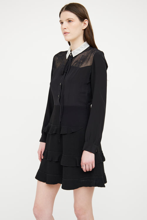 The Kooples Black & White Lace Ruffle Silk Long Sleeve Dress