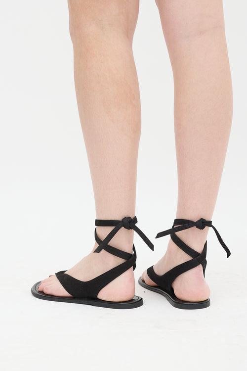 The Row Black Leather Ankle Lace Up Sandal