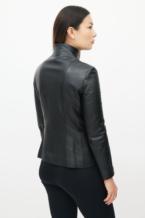 The Row Black Leather Asymmetric Zip Jacket