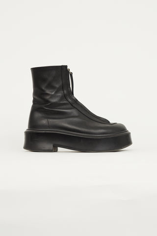 The Row Black Leather Chunky Zip Front Boot
