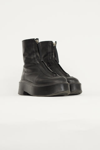 The Row Black Leather Chunky Zip Front Boot