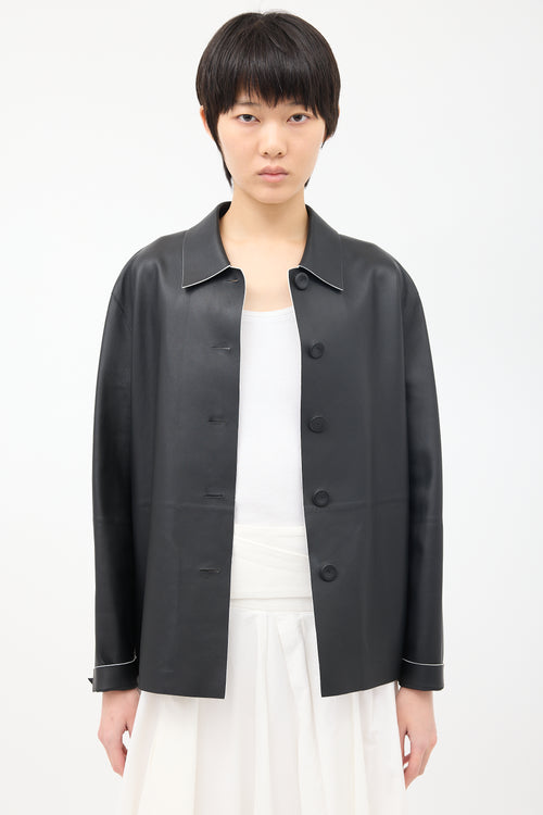 The Row Black Leather Frim Button Up Jacket