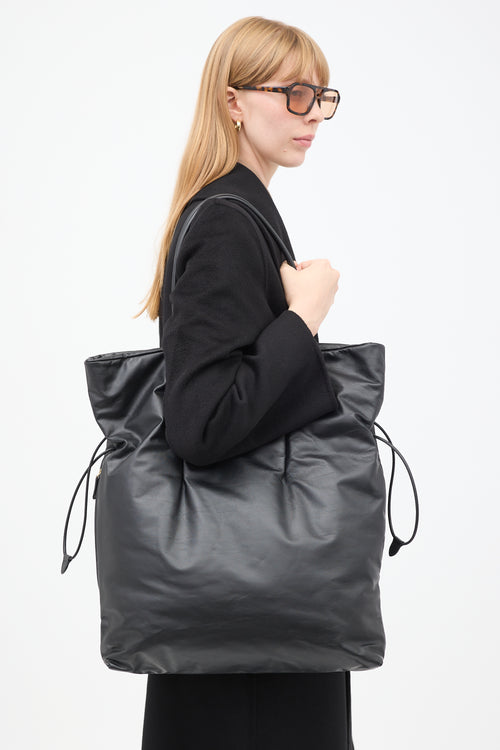 The Row Black Leather Polly Drawstring Tote Bag