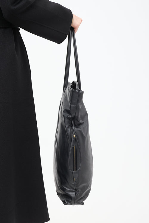 The Row Black Leather Polly Drawstring Tote Bag