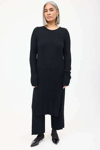 The Row Black Wool Ribbed Knit Midi Dress