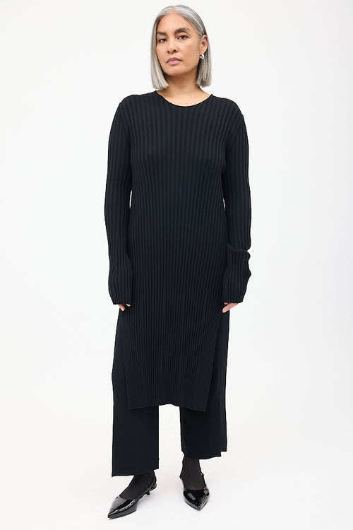 The Row Black Wool Ribbed Knit Midi Dress