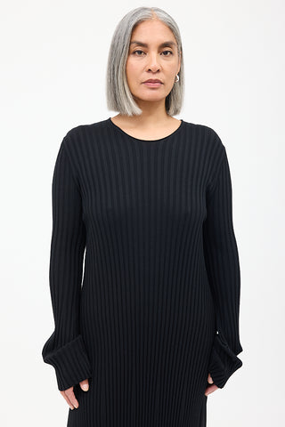 The Row Black Wool Ribbed Knit Midi Dress