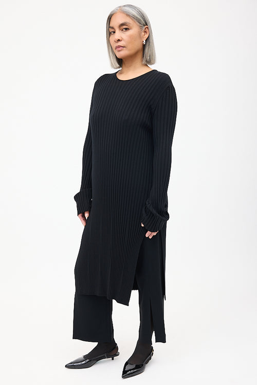 The Row Black Wool Ribbed Knit Midi Dress