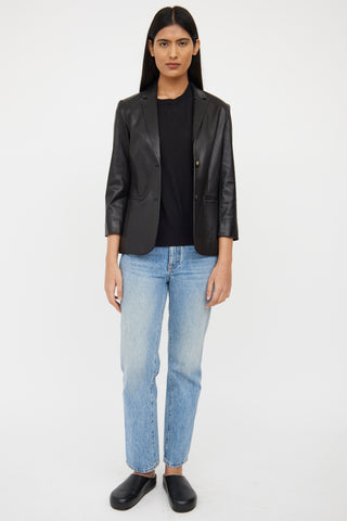 Black Leather Button Front Blazer