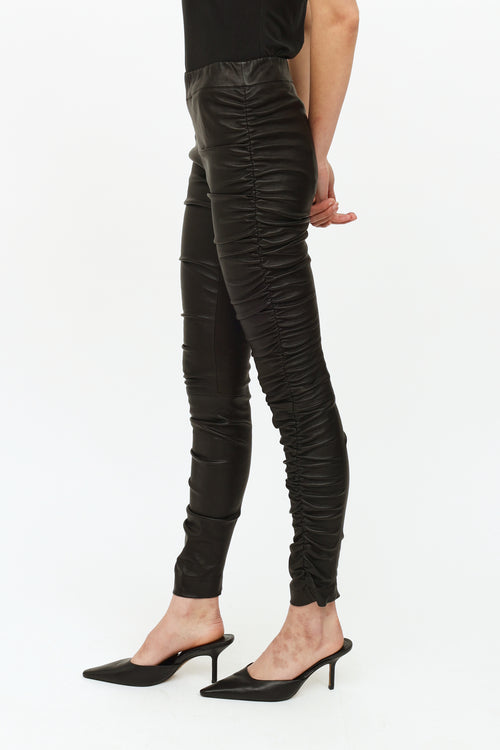 The Row Black Leather Ruched Leggings
