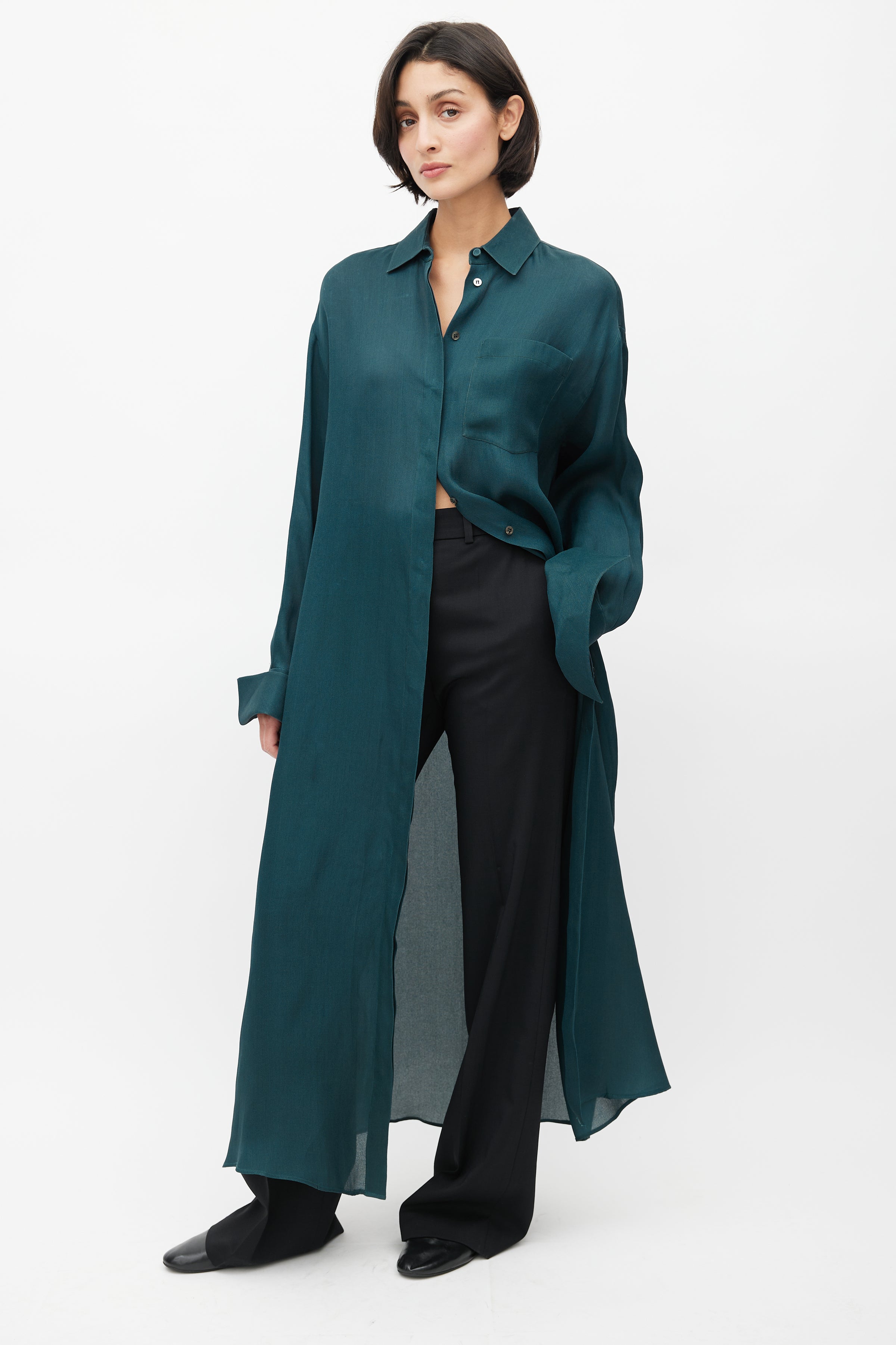 The Row // Green Silk Maxi Shirt Dress VSP Consignment The Row // Green Silk Maxi Shirt Dress VSP Consignment