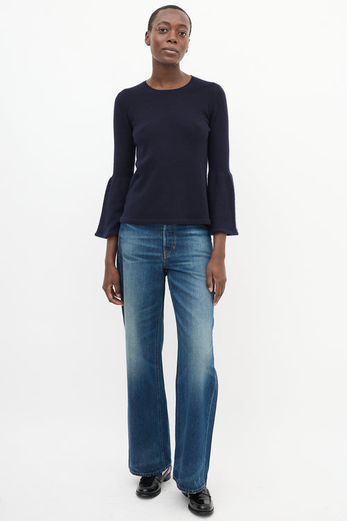 The Row Navy Cashmere & Silk Knit Bell Sleeve Top