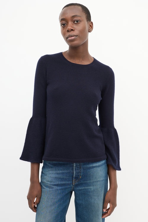 The Row Navy Cashmere & Silk Knit Bell Sleeve Top