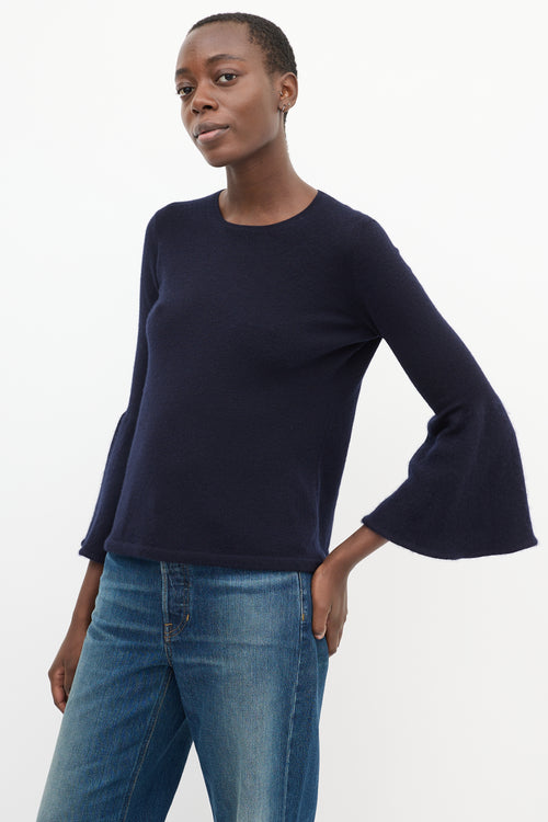 The Row Navy Cashmere & Silk Knit Bell Sleeve Top