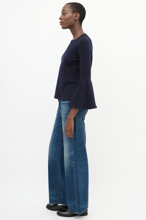 The Row Navy Cashmere & Silk Knit Bell Sleeve Top