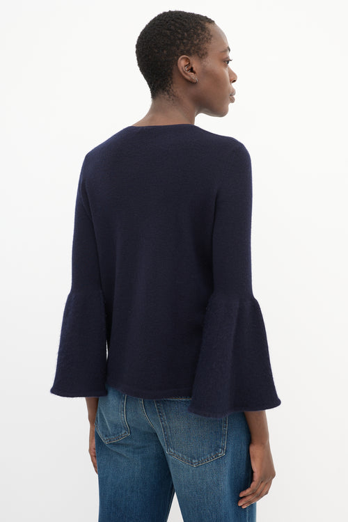 The Row Navy Cashmere & Silk Knit Bell Sleeve Top