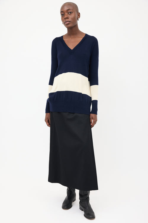 The Row Navy & Cream V-Neck Sweater