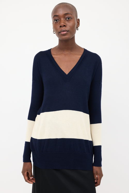 The Row Navy & Cream V-Neck Sweater