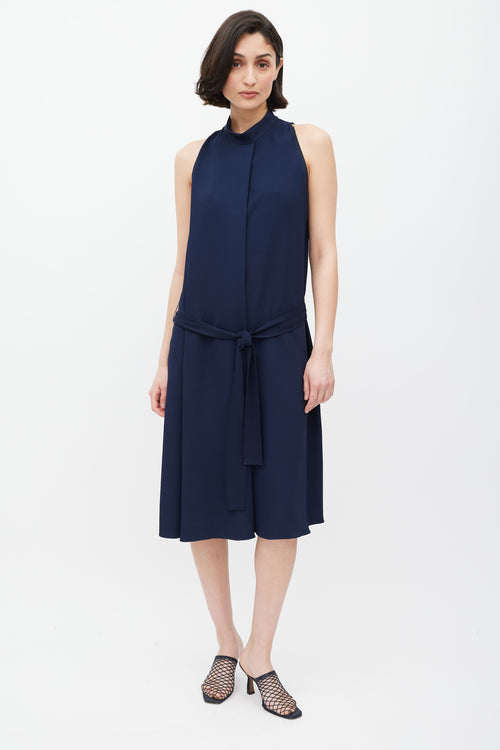 The Row Navy Mock Neck Belted Dress