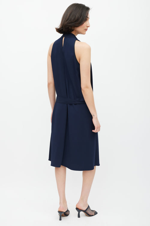 The Row Navy Mock Neck Belted Dress