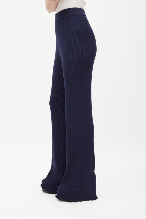 The Row Navy Silk Knit Ribbed Trouser