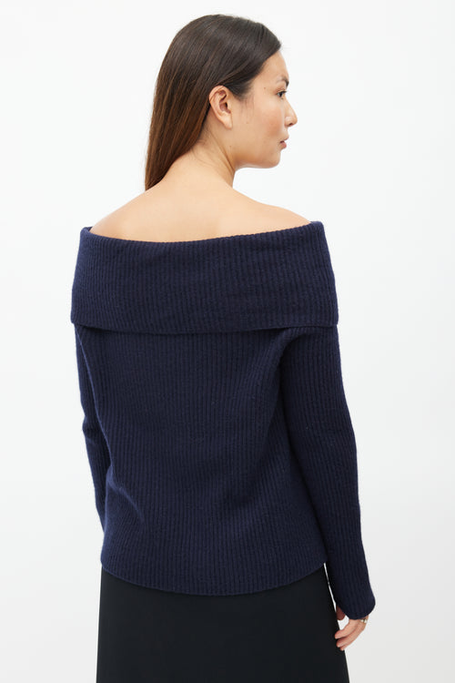 The Row Navy Ribbed Cashmere Off The Shoulder Sweater