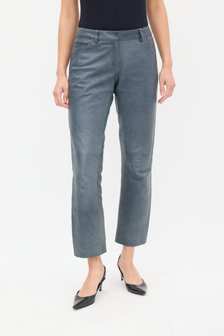 The Row Slate Grey Leather Straight Leg Trouser