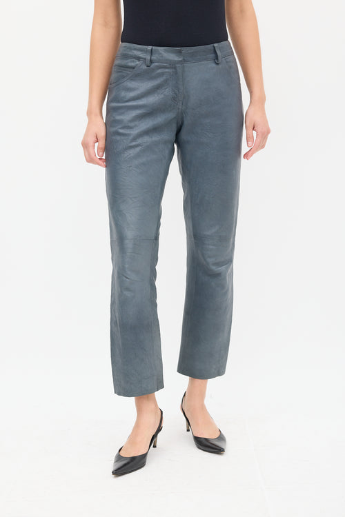 The Row Slate Grey Leather Straight Leg Trouser