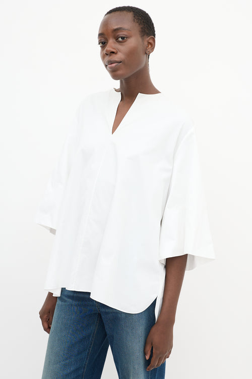 The Row White Cotton Wide Three Quarter Sleeve Top