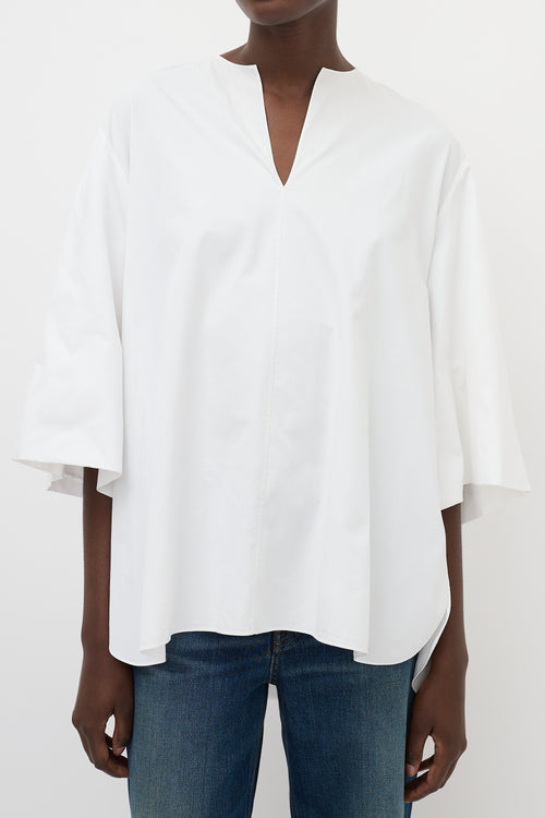 The Row White Cotton Wide Three Quarter Sleeve Top