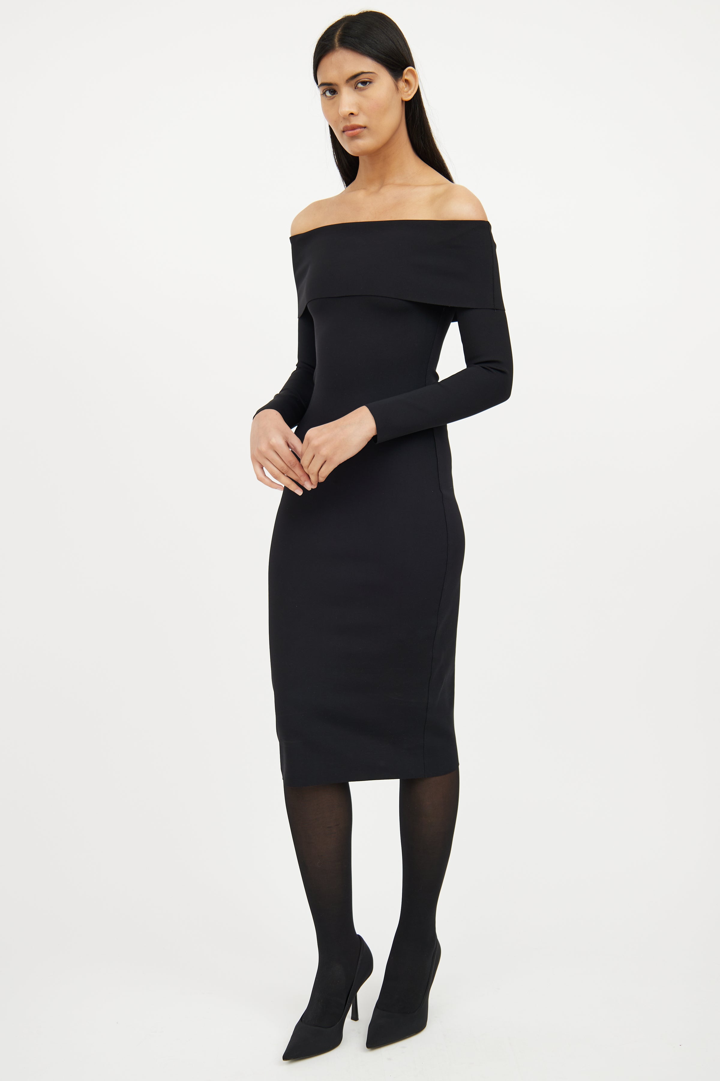 The Row // Black Off Shoulder Long Sleeve Dress VSP Consignment The Row // Black Off Shoulder Long Sleeve Dress VSP Consignment