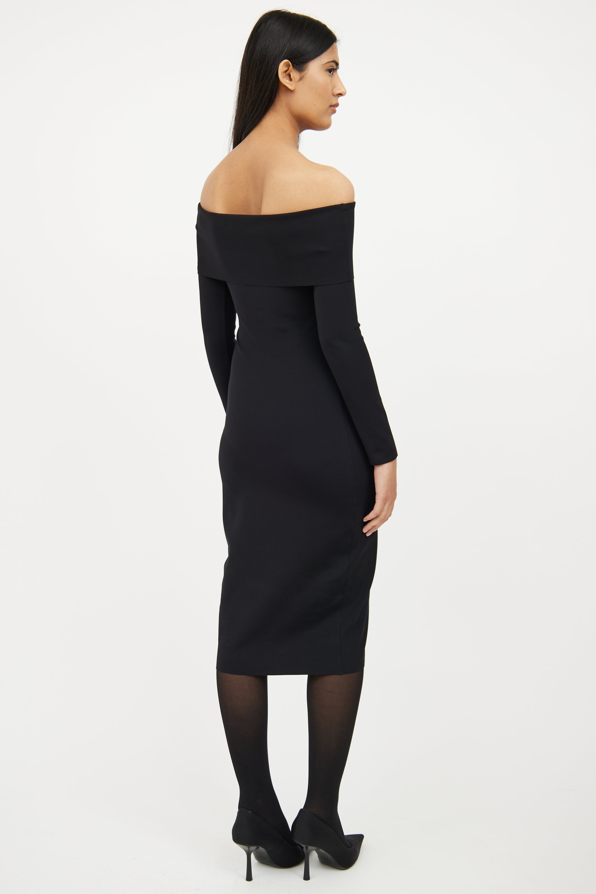 the row black dress The Row // Black Off Shoulder Long Sleeve Dress – VSP Consignment