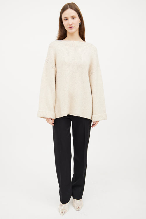 Cream Silk & Cashmere Knit Long Sleeve Sweater