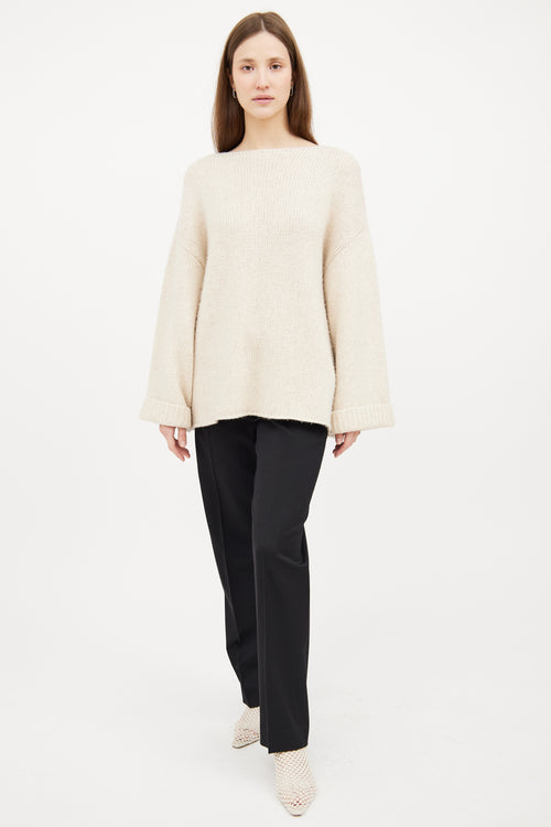 Cream Silk & Cashmere Knit Long Sleeve Sweater