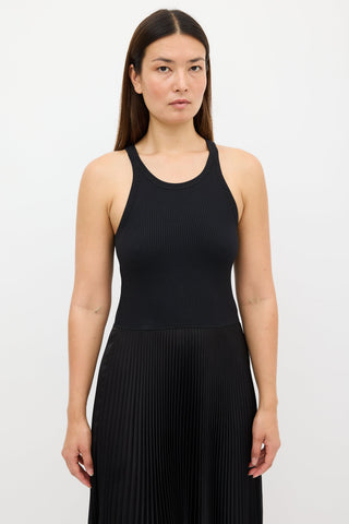 Theory Black Ribbed Knit & Pleated Dress