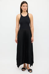 Theory Black Ribbed Knit & Pleated Dress