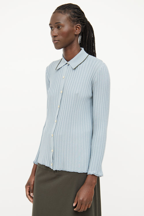 Theory Blue Ribbed Long Sleeve Button Shirt