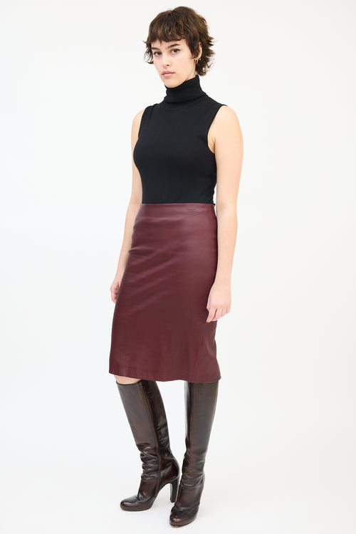 Theory Burgundy Leather Midi Pencil Skirt